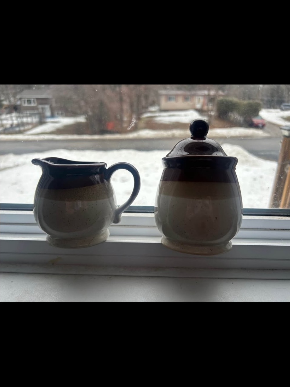 Cream and Brown Stoneware Sugar and Creamer Set - Handmade in Taiwan